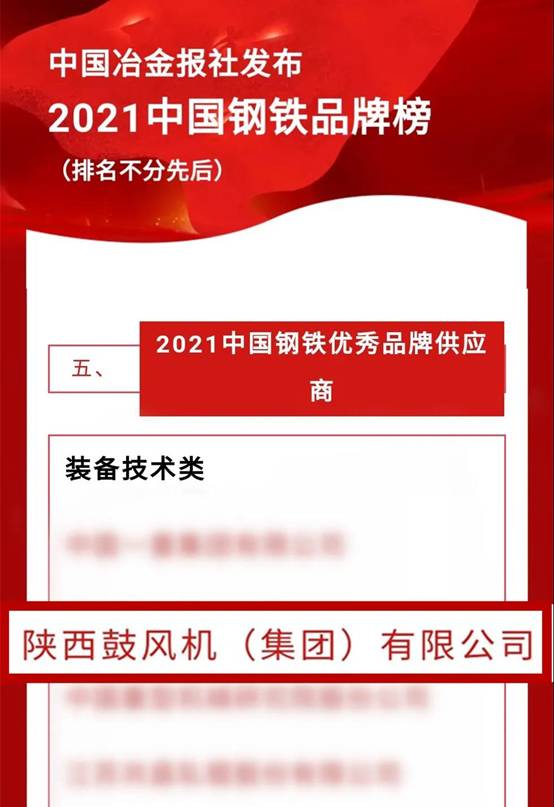 陕鼓集团被评为 “2021中国钢铁优秀品牌供应商”